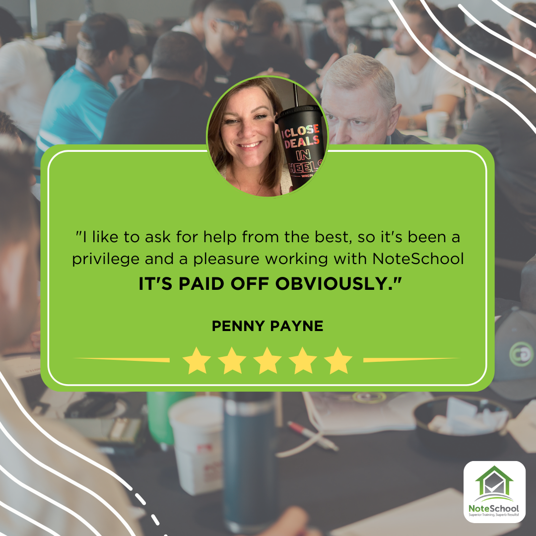 Testimonial graphic featuring Penny Payne with a 5-star review praising her experience with NoteSchool.